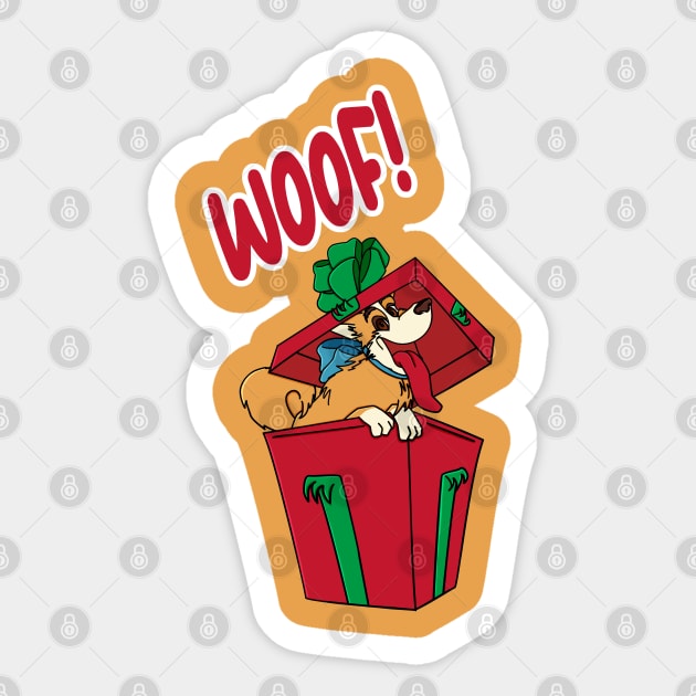 WOOF! dog in a Christmas present Sticker by lomiky